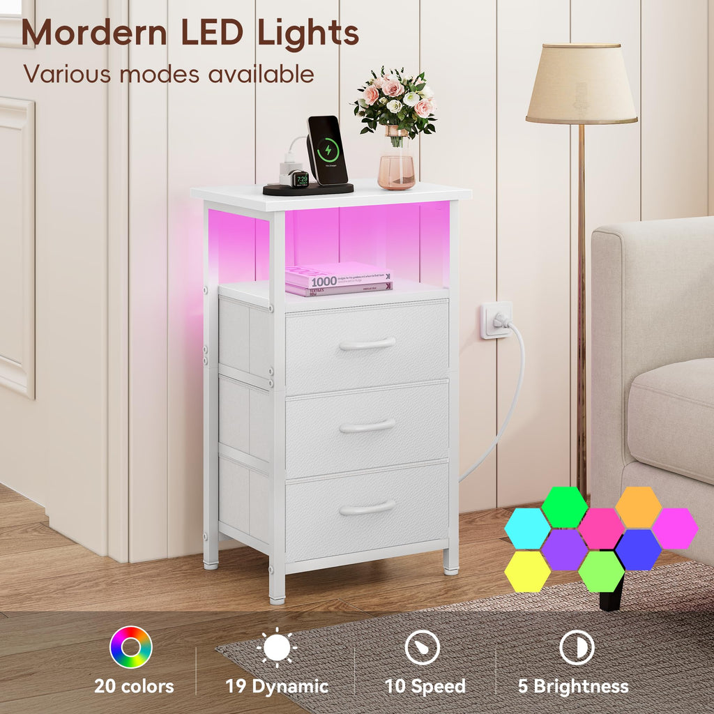 White Nightstand with Charging Station and 3 Fabric Drawers Z6115