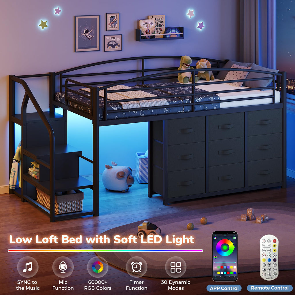 Twin Metal Loft Bed with 9 Storage Drawers and Guardrail A803009