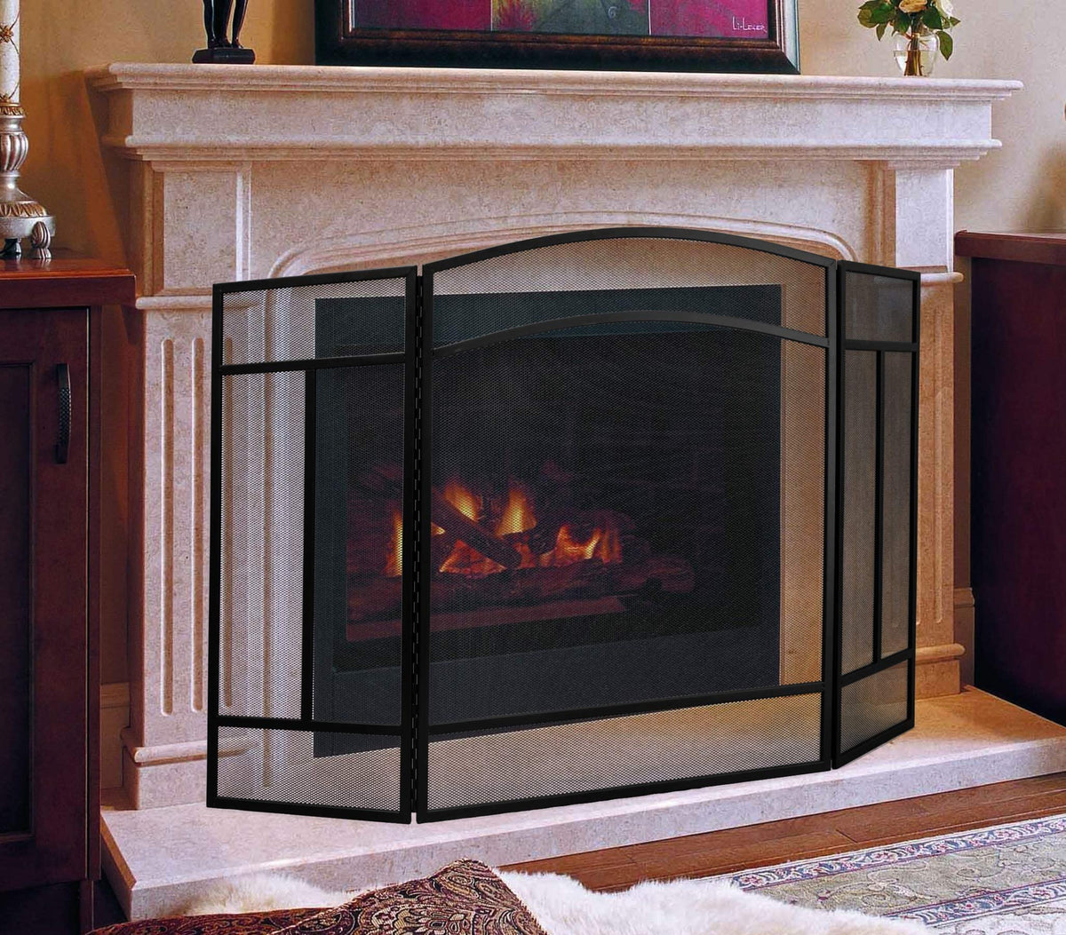 Black 3 Panel Wrought Iron Fireplace Screen V3635