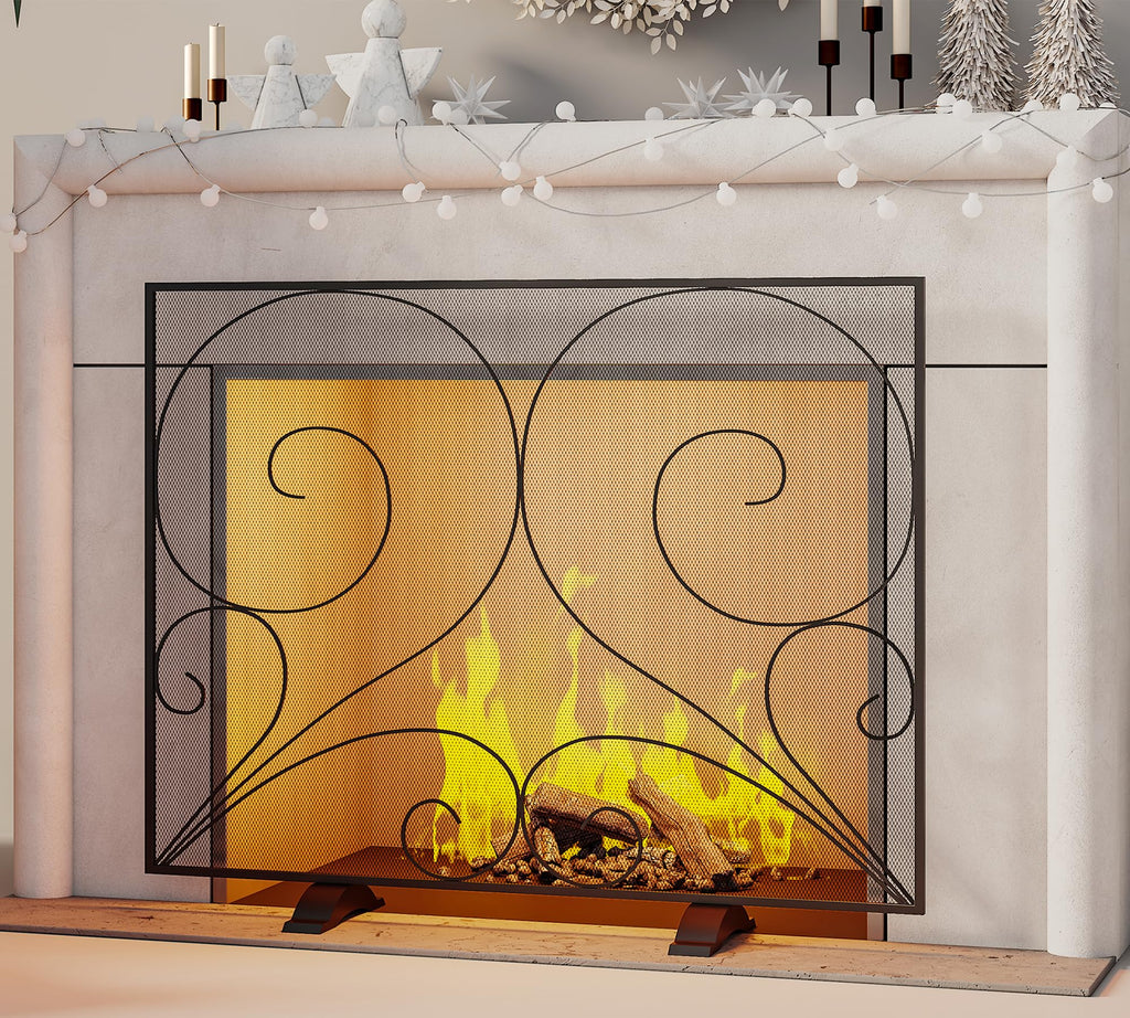 Black Single Panel Wrought Iron Fireplace Screen B39604