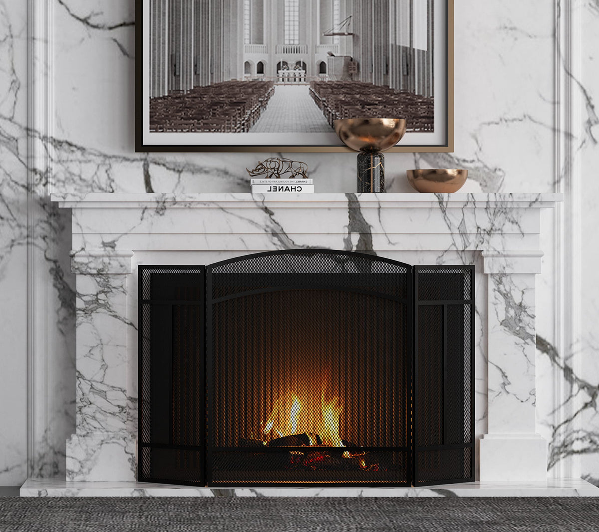 Black 3 Panel Wrought Iron Fireplace Screen V3635