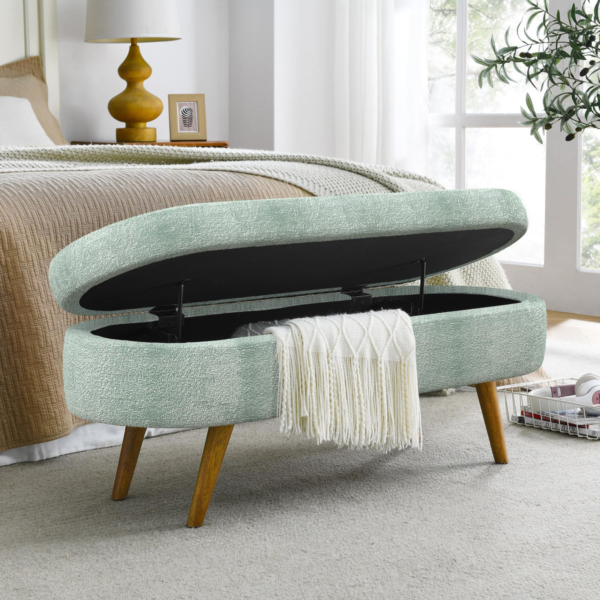 Oval Storage Bench with Rubber Wood Legs Gray I17154