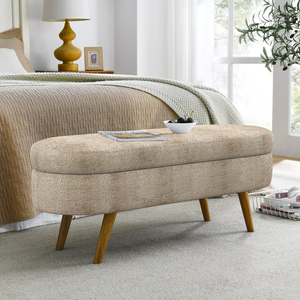 Brown Oval Storage Ottoman Bench with Rubber Wood Legs Q766