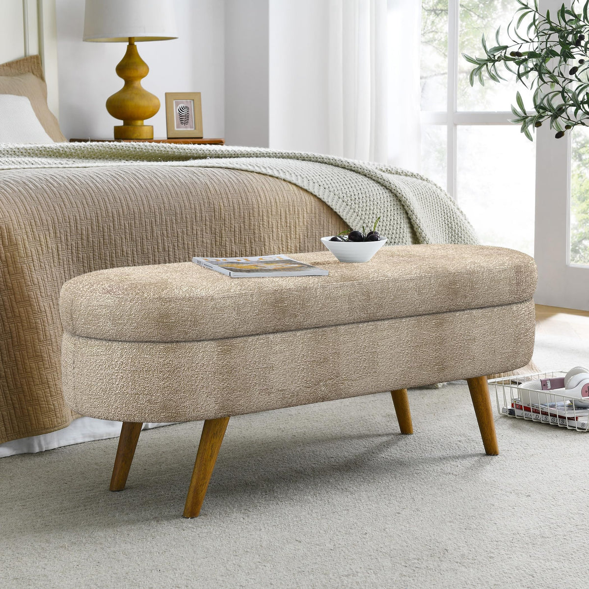 Brown Oval Storage Ottoman Bench with Rubber Wood Legs Q766