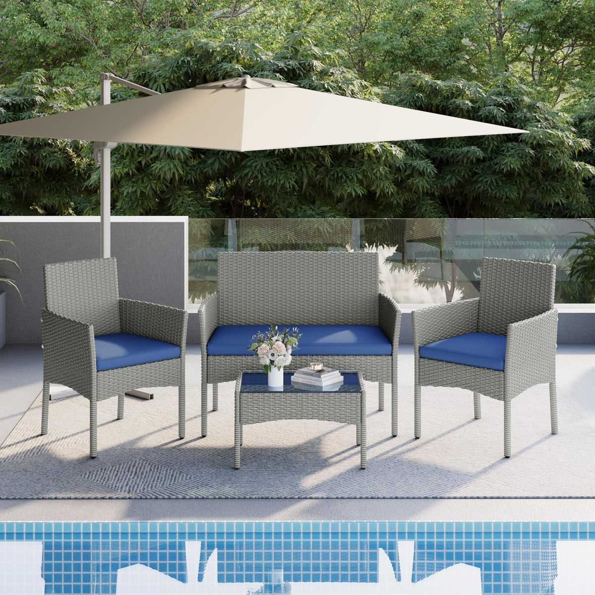 4 Pieces Rattan Wicker Patio Furniture Set with Cushion and Glass Table C756894