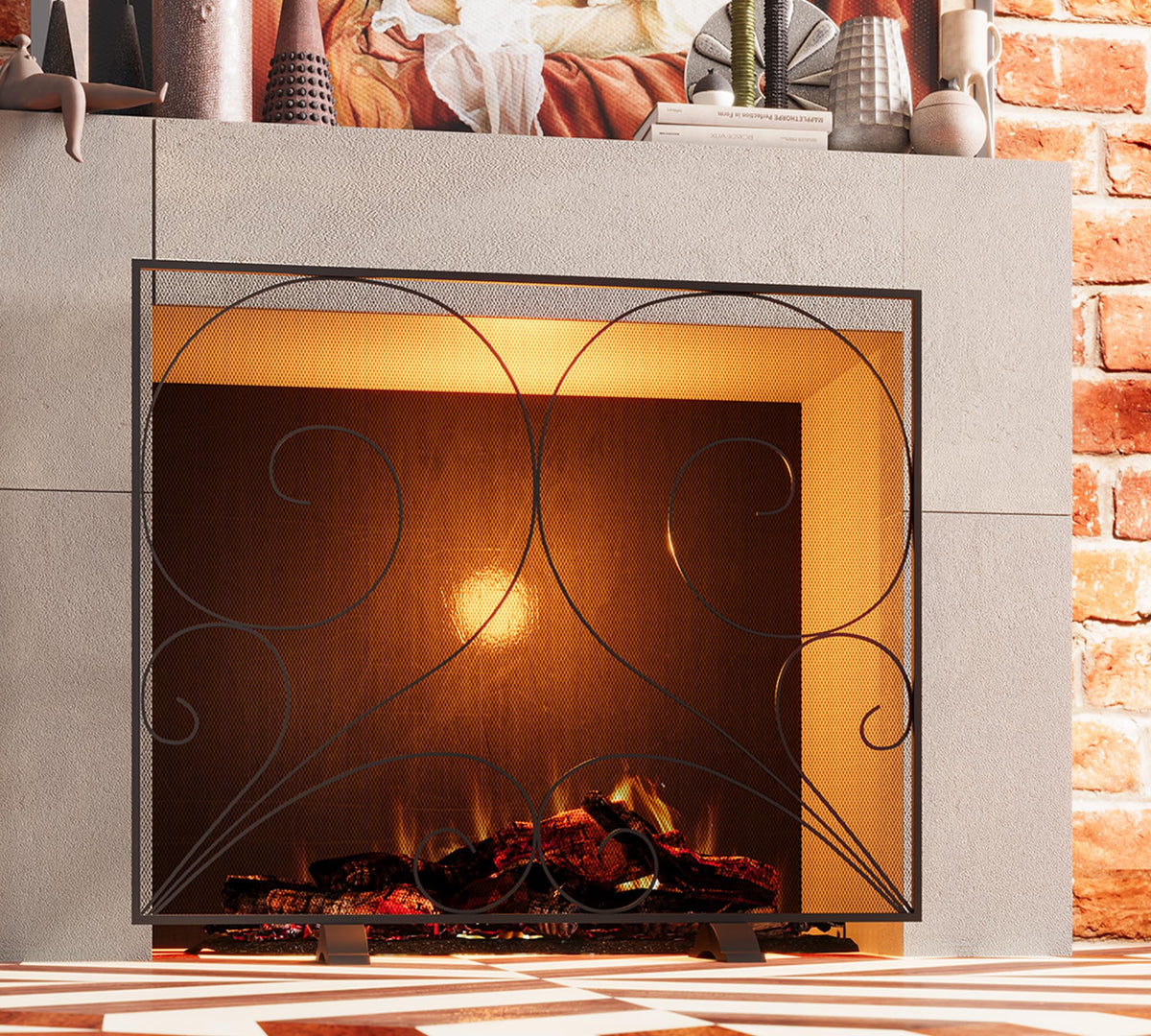 Black Single Panel Wrought Iron Fireplace Screen B39604