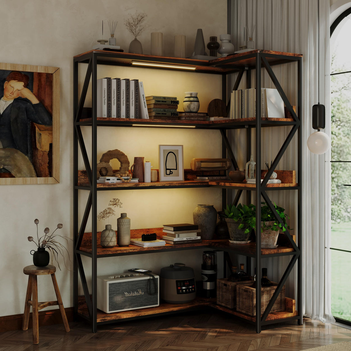 L Shaped 5 Tier Corner Bookshelf with Light F7787