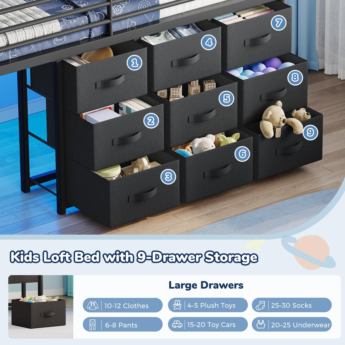 Twin Metal Loft Bed with 9 Storage Drawers and Guardrail A803009