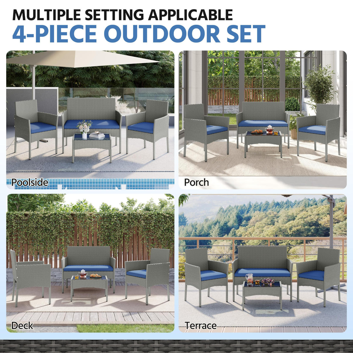 4 Pieces Rattan Wicker Patio Furniture Set with Cushion and Glass Table C756894