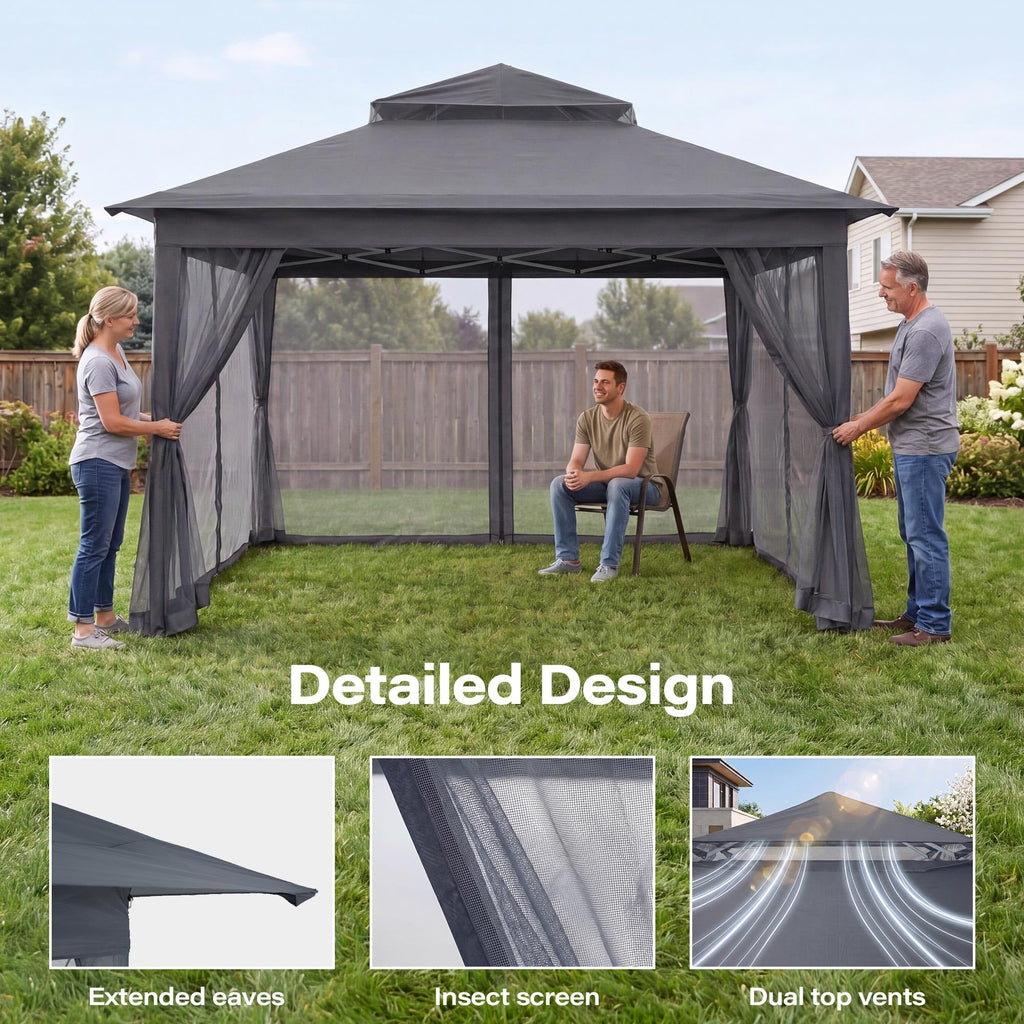 11x11 Pop Up Gazebo Canopy Tent with Mosquito Netting, Adjustable Height, Gray R45185