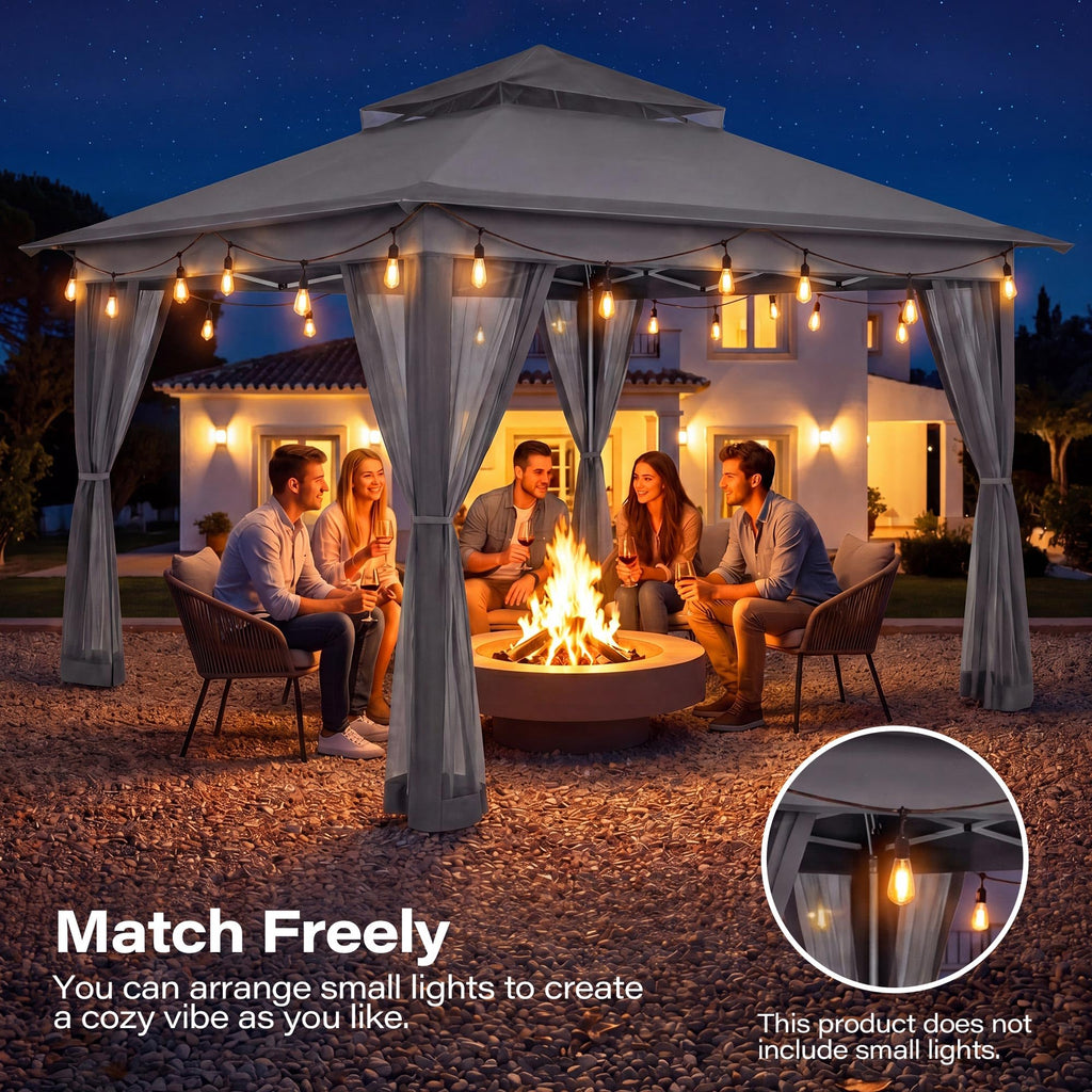 11x11 Pop Up Gazebo Canopy Tent with Mosquito Netting, Adjustable Height, Gray R45185