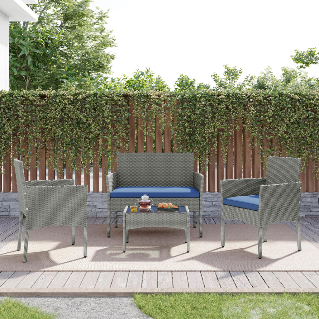 4 Pieces Rattan Wicker Patio Furniture Set with Cushion and Glass Table C756894