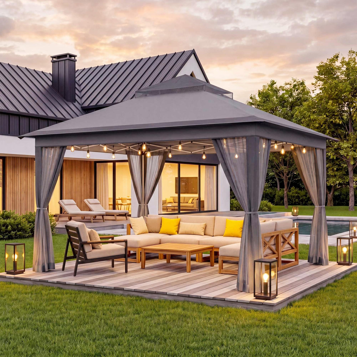 11x11 Pop Up Gazebo Canopy Tent with Mosquito Netting, Adjustable Height, Gray R45185