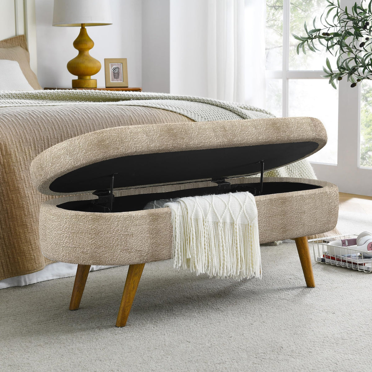 Brown Oval Storage Ottoman Bench with Rubber Wood Legs Q766