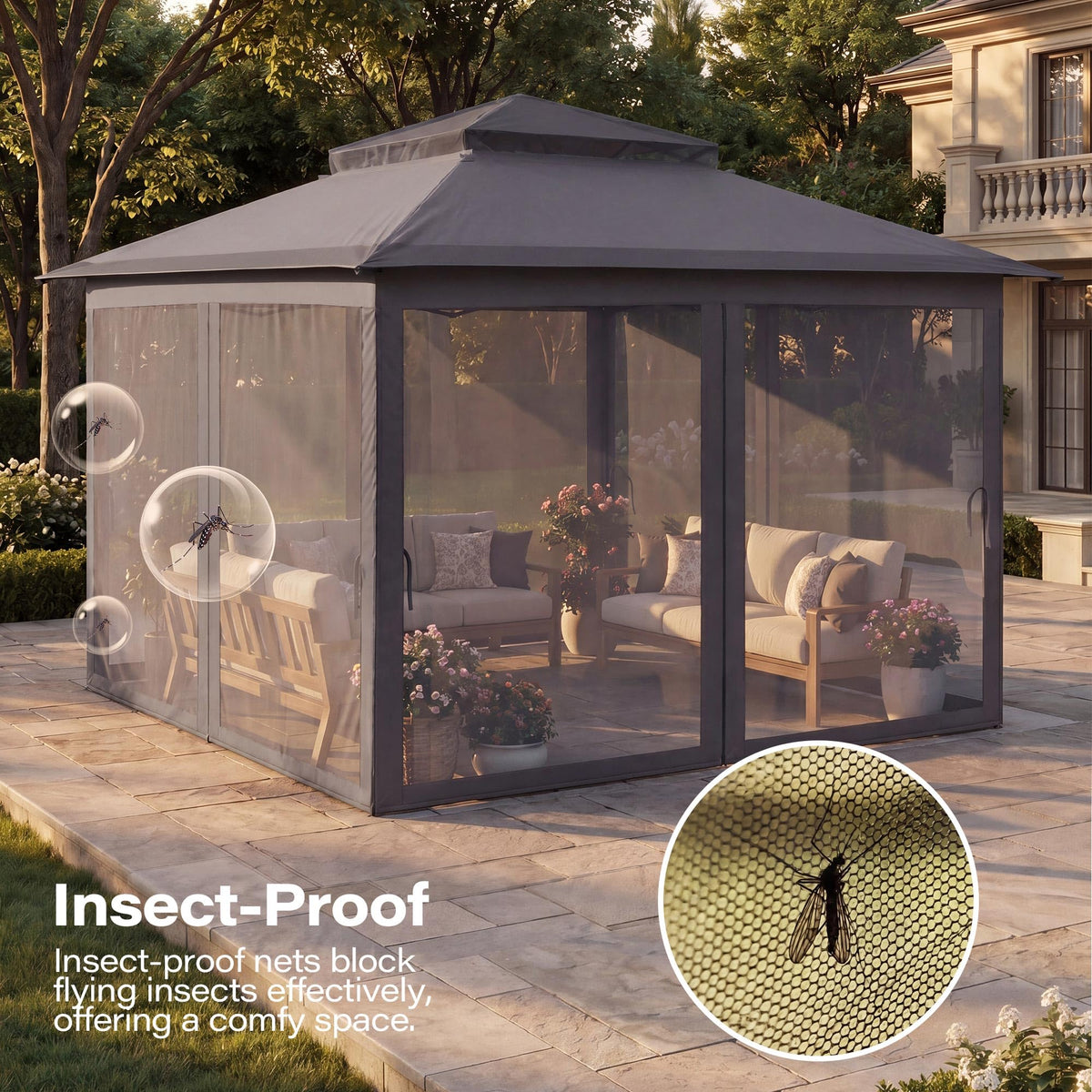 11x11 Pop Up Gazebo Canopy Tent with Mosquito Netting, Adjustable Height, Gray R45185