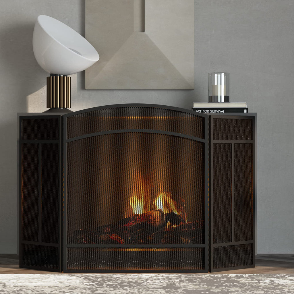 Black 3 Panel Wrought Iron Fireplace Screen V3635