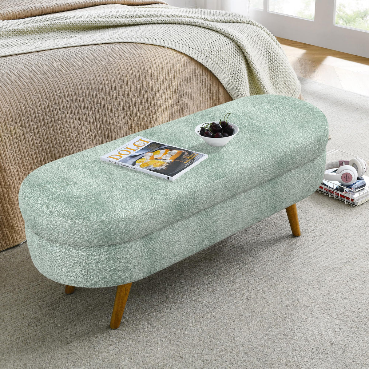 Oval Storage Bench with Rubber Wood Legs Gray I17154
