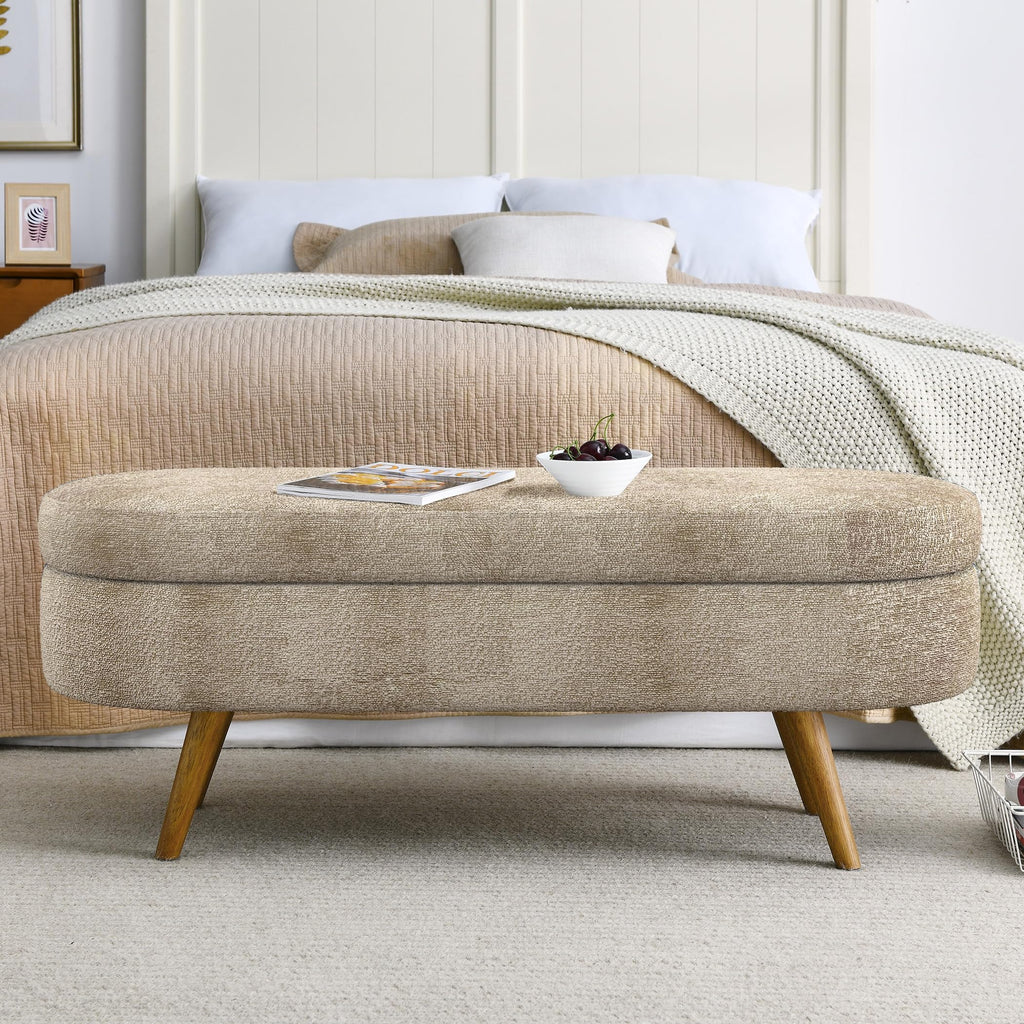Brown Oval Storage Ottoman Bench with Rubber Wood Legs Q766
