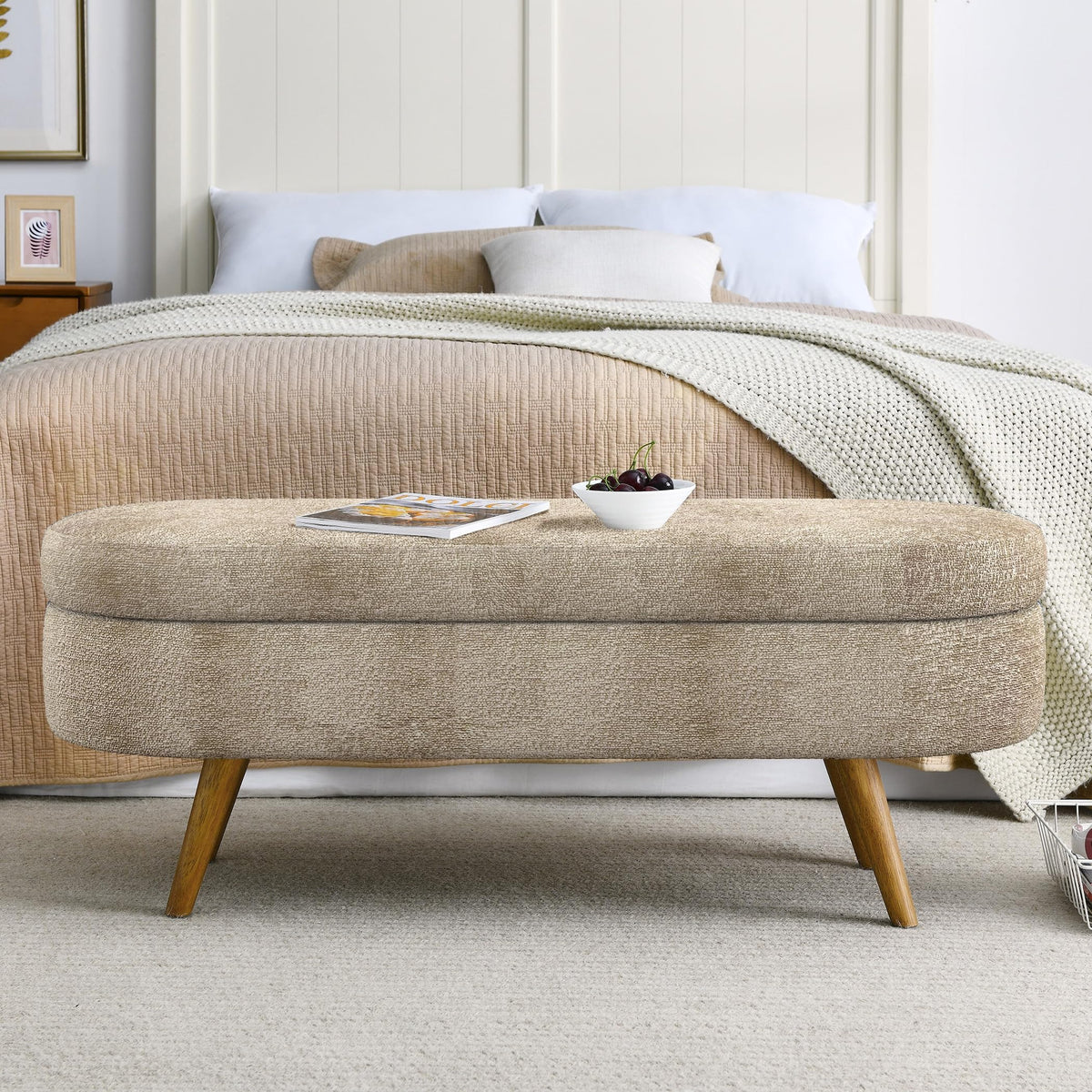 Brown Oval Storage Ottoman Bench with Rubber Wood Legs Q766