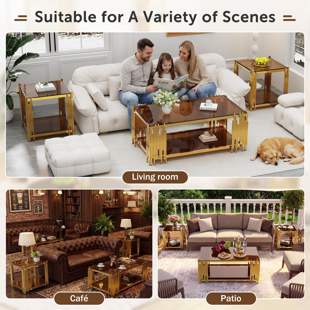 Gold Square Glass End Table, Set of 2 P387