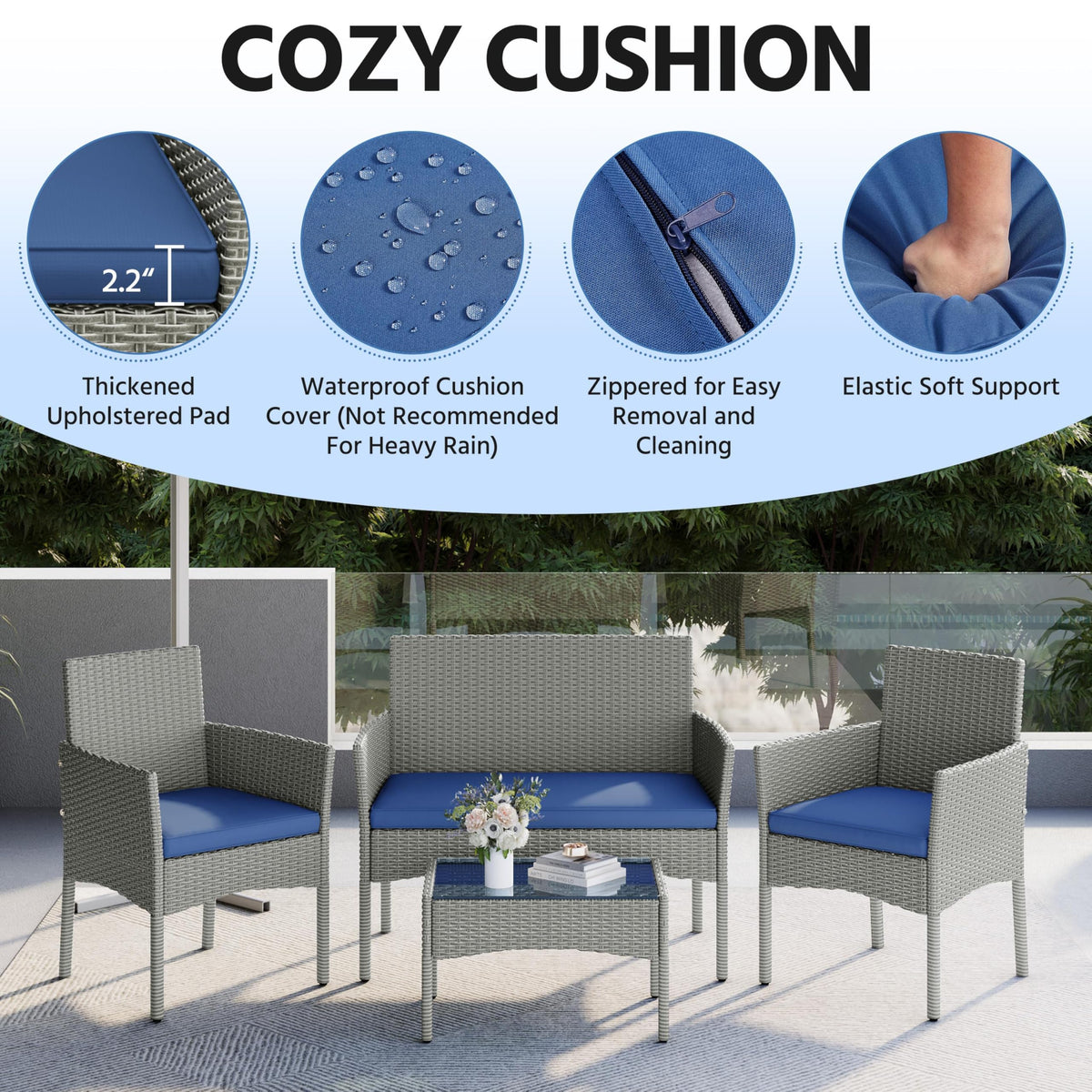 4 Pieces Rattan Wicker Patio Furniture Set with Cushion and Glass Table C756894