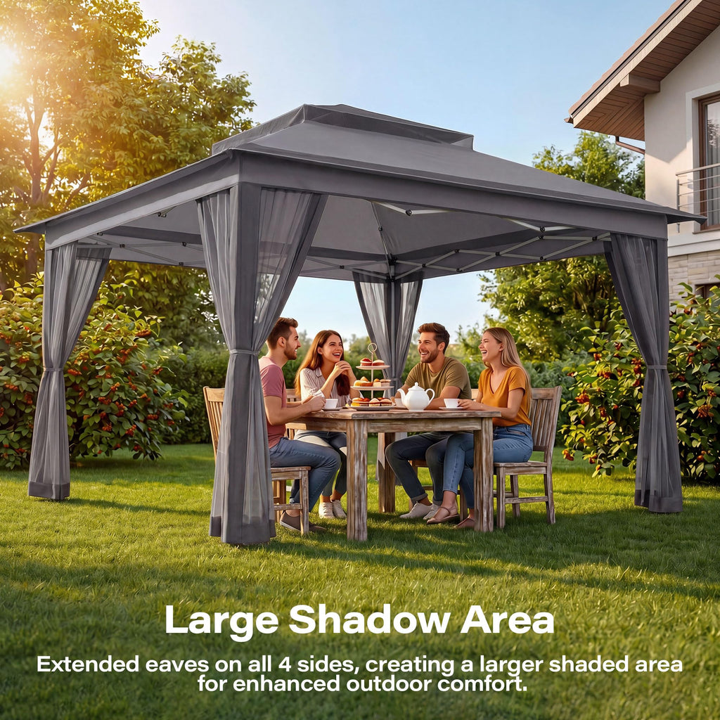 11x11 Pop Up Gazebo Canopy Tent with Mosquito Netting, Adjustable Height, Gray R45185