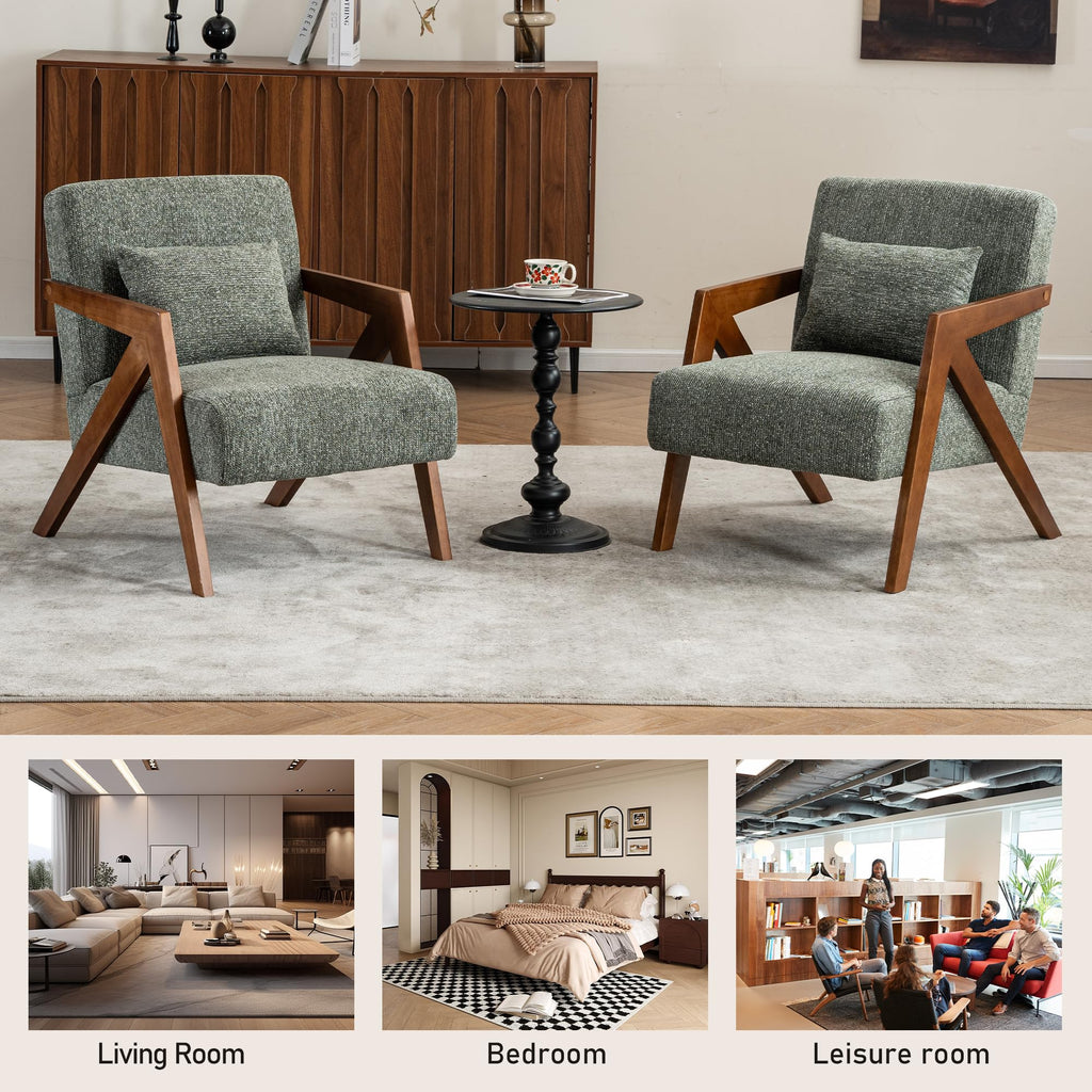 Mid-Century Modern Chenille Accent Chair Set of 2 with Wood Frame V43100