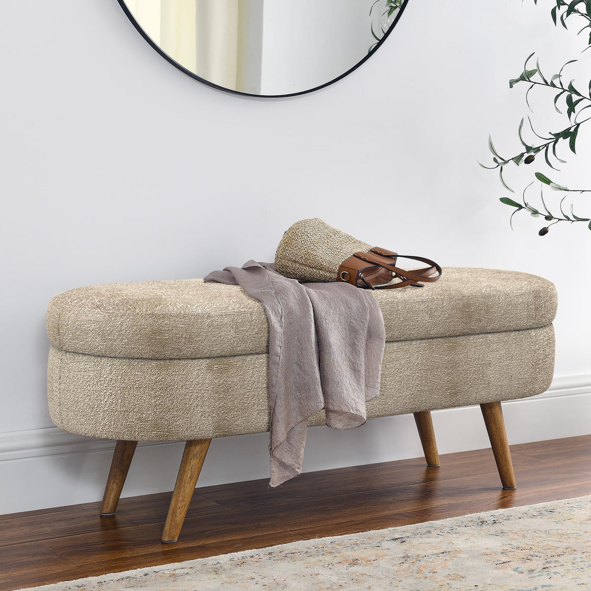 Brown Oval Storage Ottoman Bench with Rubber Wood Legs Q766