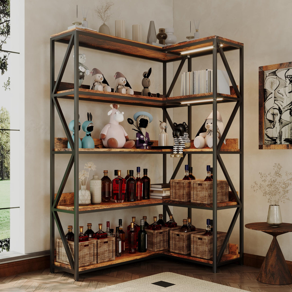 L Shaped 5 Tier Corner Bookshelf with Light F7787