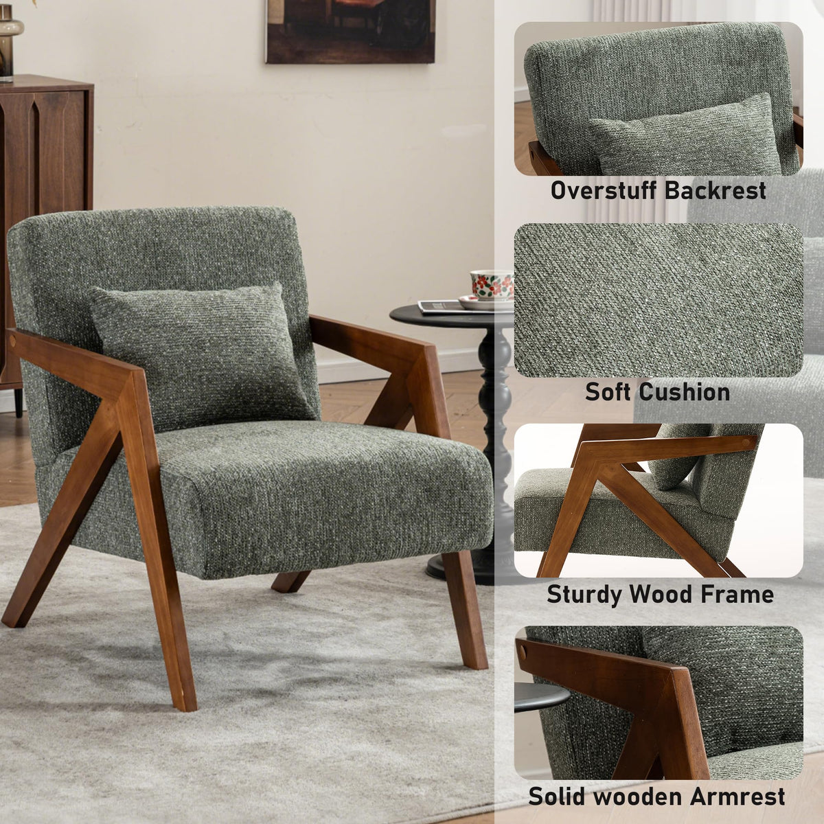 Mid-Century Modern Chenille Accent Chair Set of 2 with Wood Frame V43100