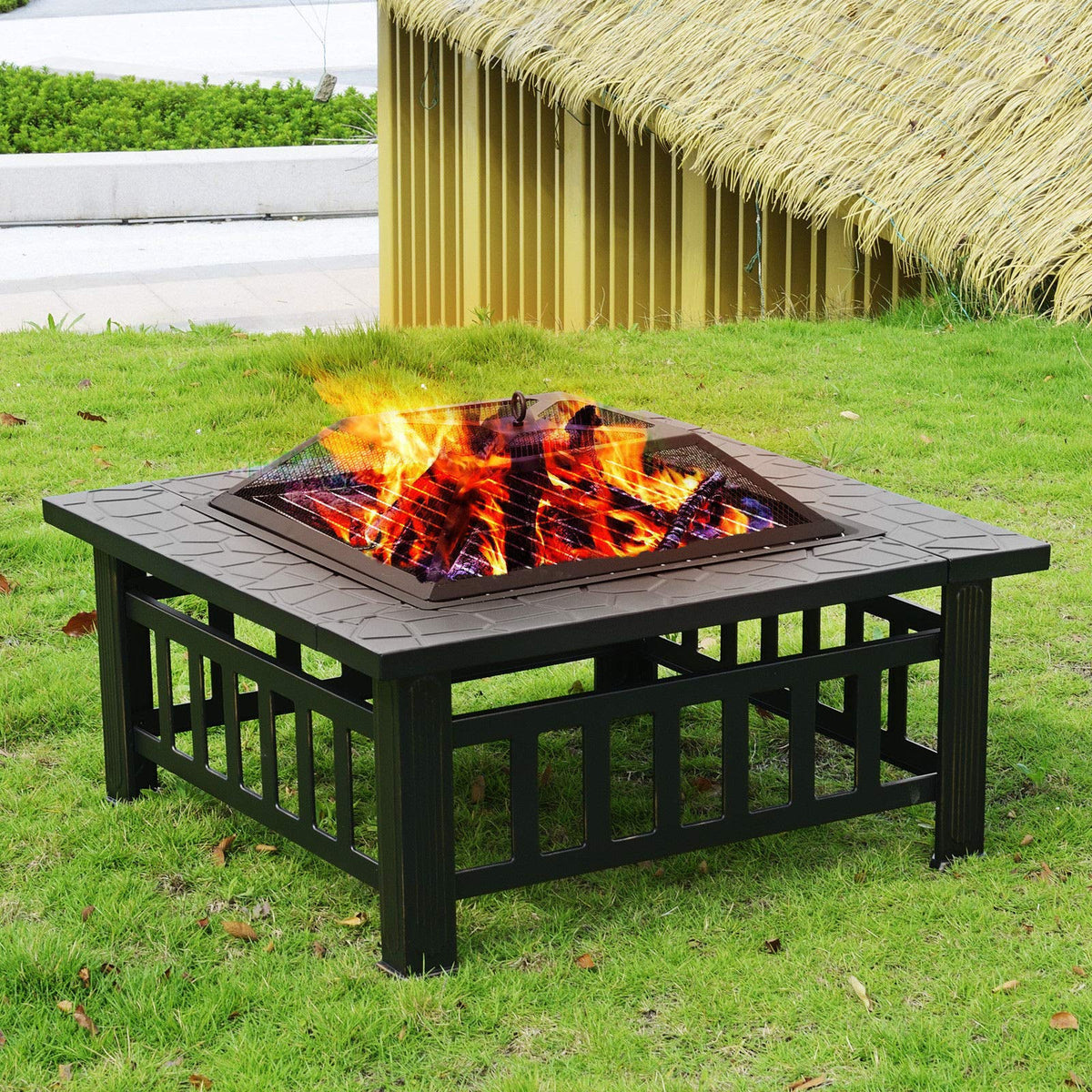 32'' Black Metal Square Wood Burning Fire Pit with Spark Screen Cover, Log Grate, Poker W21408