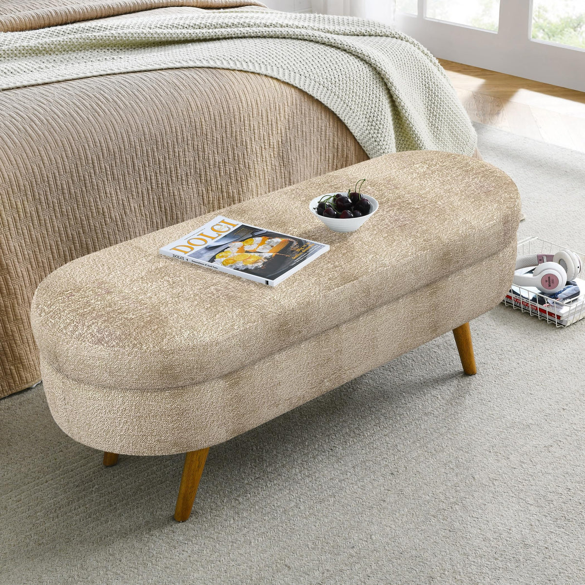 Brown Oval Storage Ottoman Bench with Rubber Wood Legs Q766